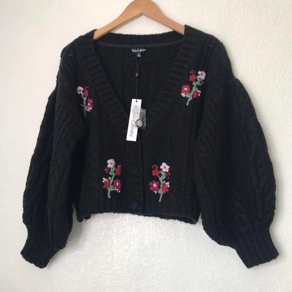 For Love And Lemons Amaryllis Cropped Cardigan Black XL NEW - Picture 5 of 7